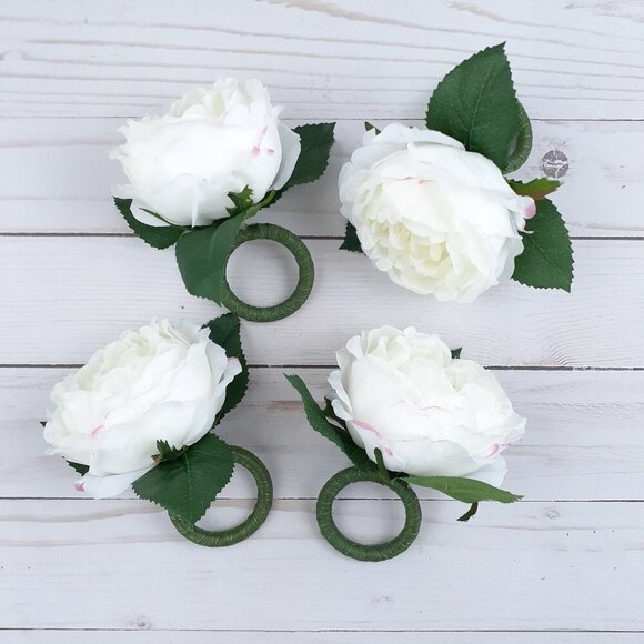 Napkin Rings Floral White Peony Flowers Pink Accent Set of 4 - Picture 1 of 5